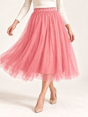 Pink Tulle Midi Skirt